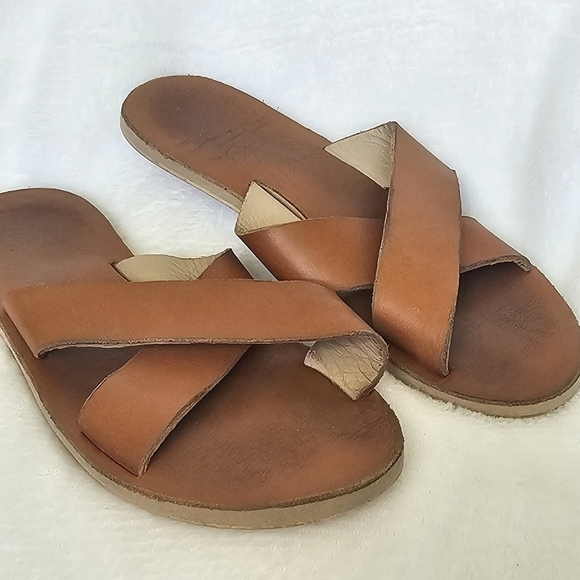 Sseko Slide Sandal Leather Caramel Brown Cross Strap Womens Size 7‎ - Picture 2 of 9
